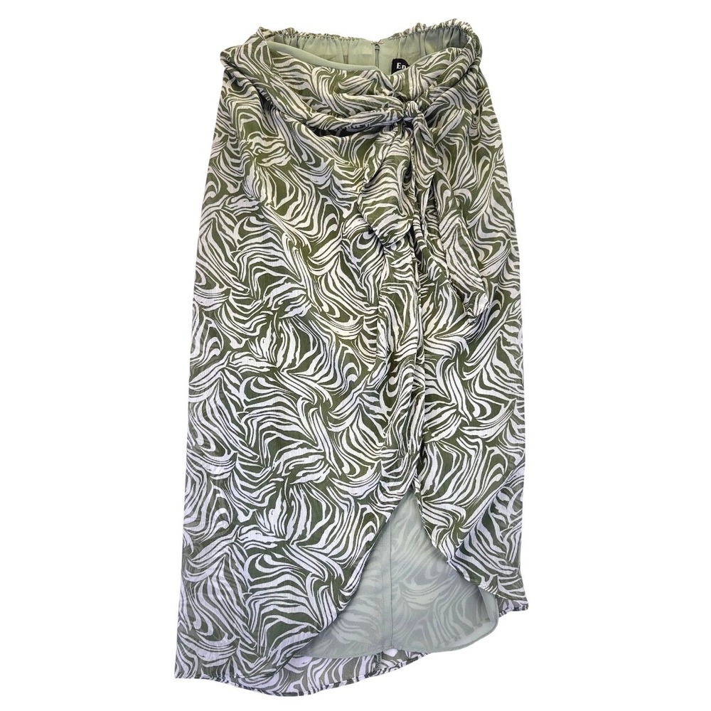 En Saison Olive Green Zebra Swirl Print Wrap Midi Skirt Small Tropical Coastal